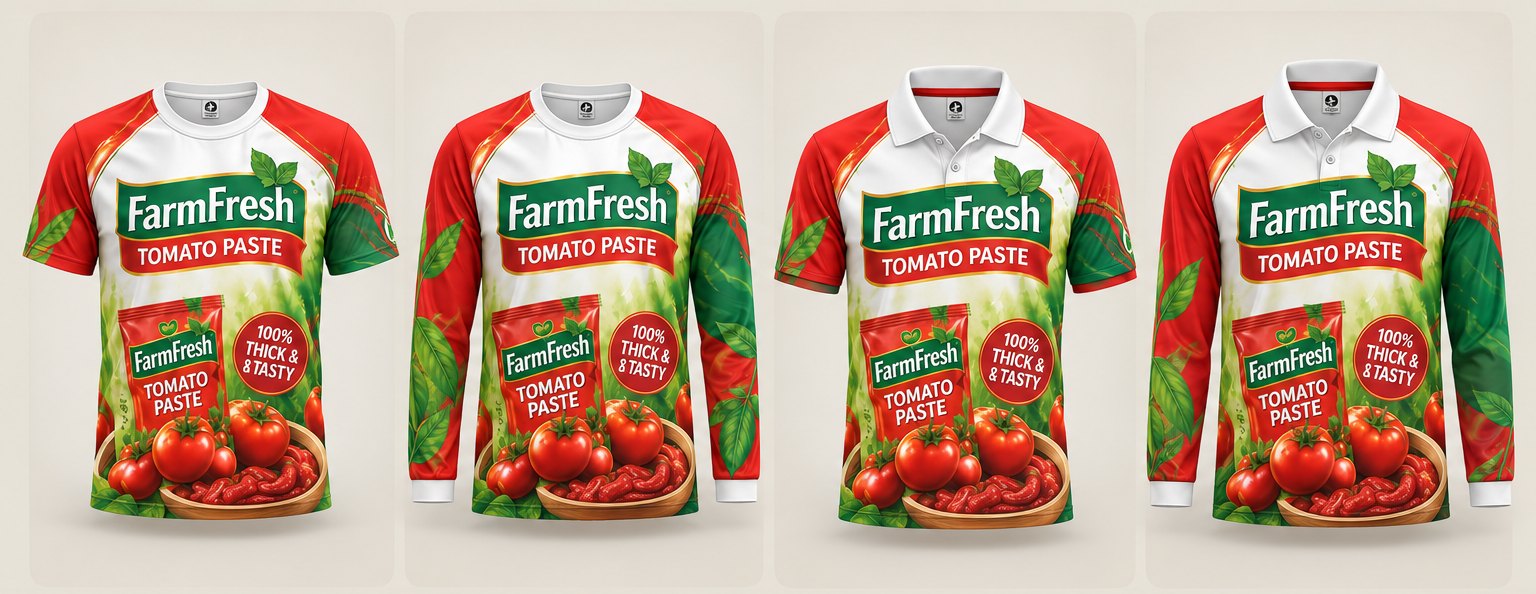 The same FarmFresh Tomato Paste 3D shirt design printed as a round neck short sleeve, round neck long sleeve, polo short sleeve and polo long sleeve